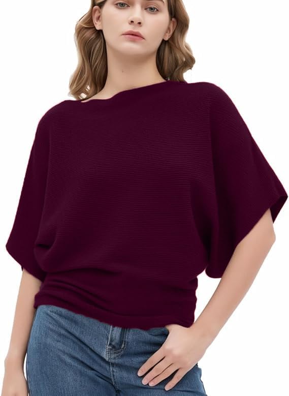 Women Fashion Ribbed Batwing Sleeves Bagy Balloon Style Fit Tops for Women(Dark Wine)