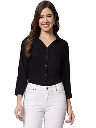 Women's Crepe Regular Fit Solid V Collered Casual Shirt