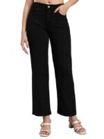 Women's Cotton Loose Fit Wide Leg High Rise Jeans Pant(Black)