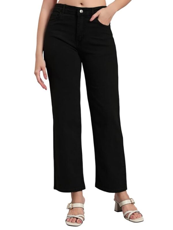 Women's Cotton Loose Fit Wide Leg High Rise Jeans Pant(Black)