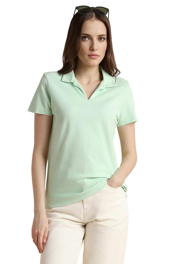Women's Regular Comfort Fit Cotton Rich V Neck Polo T-Shirt(Green)