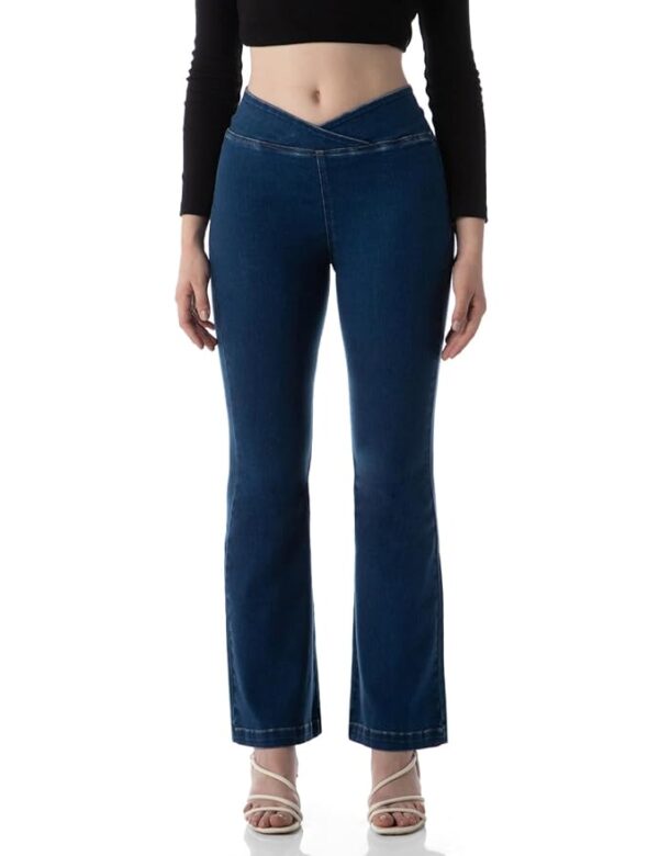 Women's Flared Pull-on Jeans - Mid-Rise| Enzyme Wash | Slant Waistband | Jeans for Women
