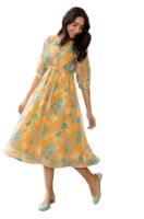 Women's Fit and Flare Midi Dobby Georgette Floral Printed Flared Dress(Mustard)