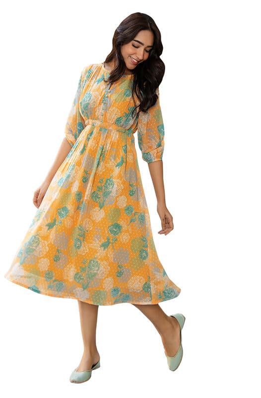 Women's Fit and Flare Midi Dobby Georgette Floral Printed Flared Dress(Mustard)