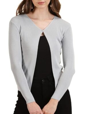 Women's Acrylic Knitted Ribbed Cardigan Front-Open Top Full Sleeve Shrug Jacket
