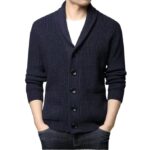 Men's Wool Blend Turn-Down Collar Buttoned Cardigan Sweater(Dark Blue)