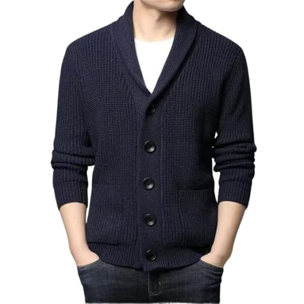 Men's Wool Blend Turn-Down Collar Buttoned Cardigan Sweater(Dark Blue)