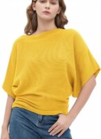 Women Fashion Ribbed Batwing Sleeves Bagy Balloon Style Fit Tops for Women(Yellow)