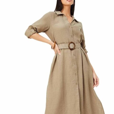 Women's Polyester A-Line Midi Dress(Tan)
