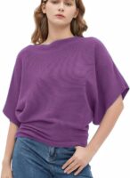Women Fashion Ribbed Batwing Sleeves Bagy Balloon Style Fit Tops for Women(Purple)