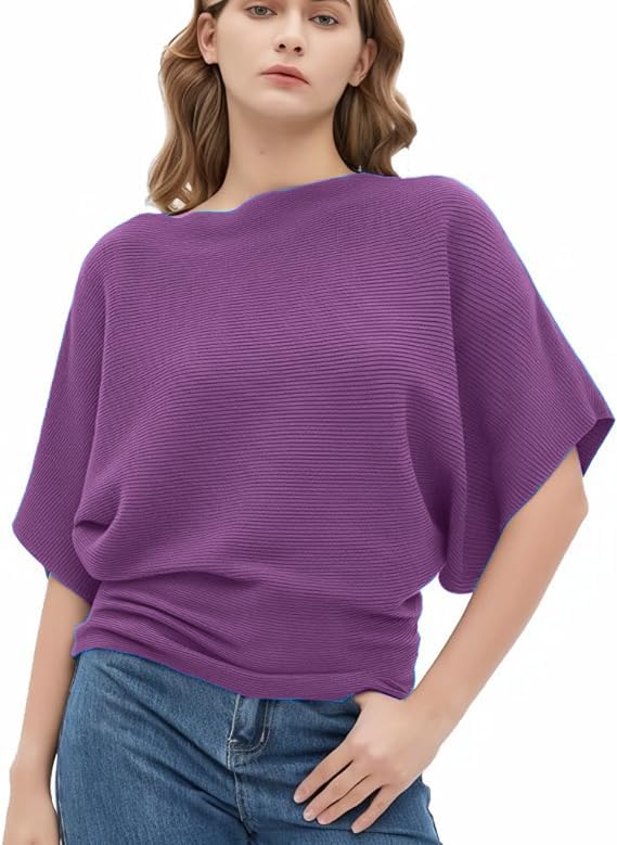 Women Fashion Ribbed Batwing Sleeves Bagy Balloon Style Fit Tops for Women(Purple)