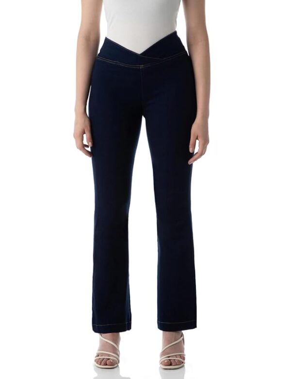 Women's Flared Pull-on Jeans - Mid-Rise| Enzyme Wash | Slant Waistband | Jeans for Women(Dark Knight)