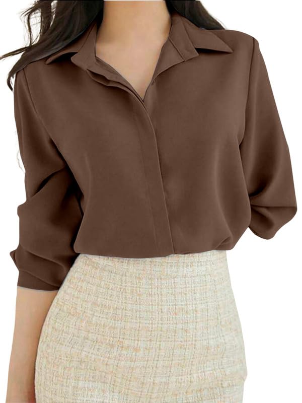 Women's Regular Fit Korean Style Shirts | Stylish Western Shirt with Concealed Placket(Brown)