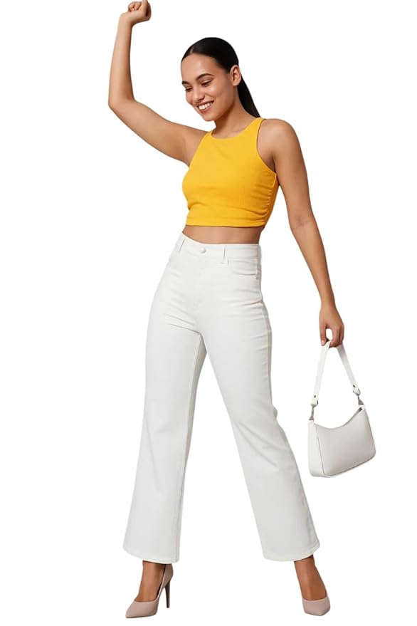 Women's Solid |Fit and Flared Fitting |Ankle Leg Style |High Rise | Stretchable |Casual Jeans(White)