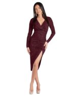 V-Neck Long Sleeve Lurex Gliter Solid Front Slit Front Ruched Seam Bodycon Above Knee Length Women Dress(Maroon)