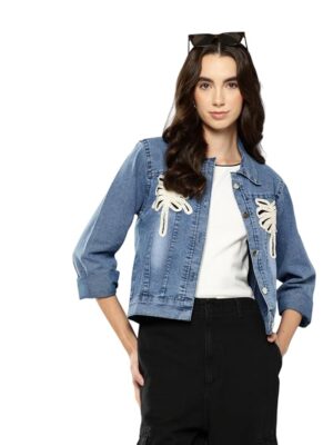 Women Casual Wear Black Color Embroidery Denim Jacket(Blue)