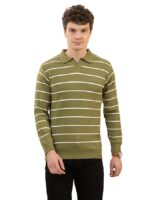 Men’s Premium Striped Polo Neck Sweater | Stylish Wool Blend Full Sleeve Knitted Pullover for Men(Green)