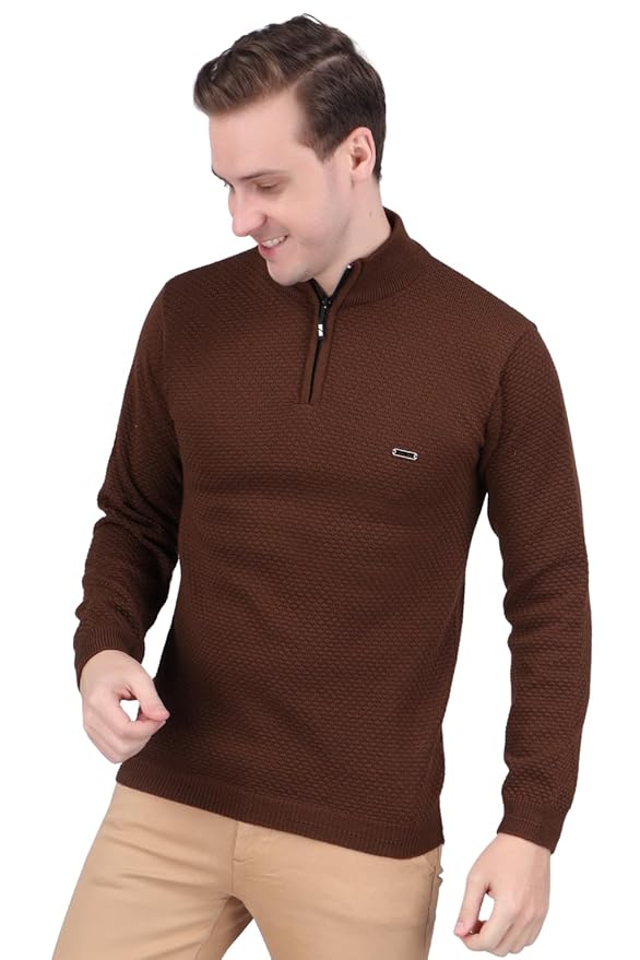 Men's Full Sleeve Self-Design High Neck Sweater with Half Zipper(Coffee)