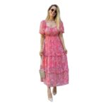 Women's Floral Puff Sleeve High Waist A Line Flowy Long Dress(Pink)