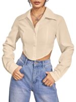 Women's Rayon Oversized Fit Printed Casual Crop Top | Long Sleeve Stylish Collared |Korean Oversized Button-Down(Cream)