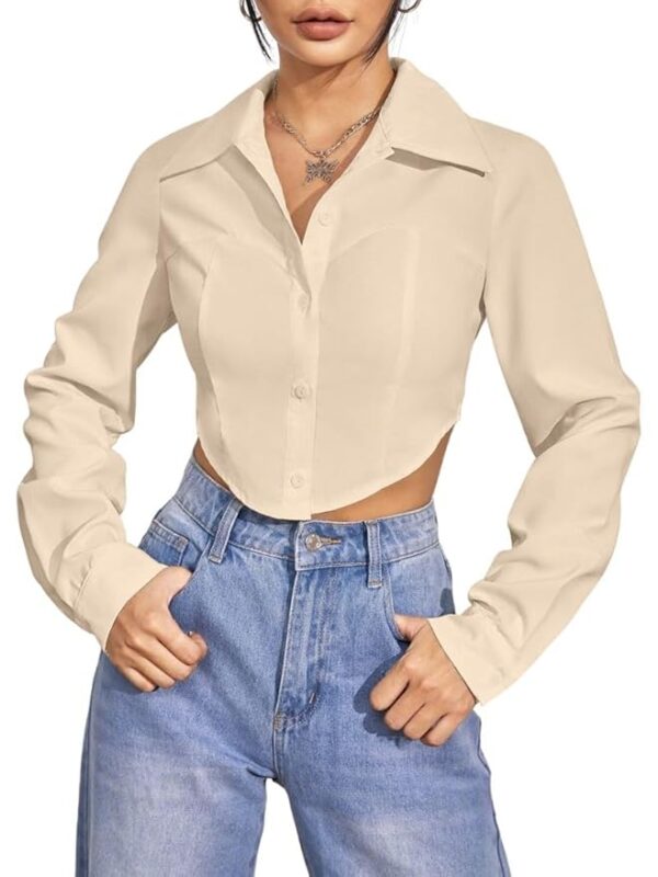 Women's Rayon Oversized Fit Printed Casual Crop Top | Long Sleeve Stylish Collared |Korean Oversized Button-Down(Cream)