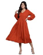 Women Rust V-Neck A-Line Dress with Bishop Sleeves, Gathered Details, Flared Hem - Casual Dress