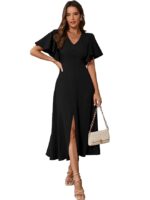 Women's Pleated Midi Dress with Flutter Sleeves | V-Neck Western Dress for Women | Elegant A-Line Summer Outfit(Black)