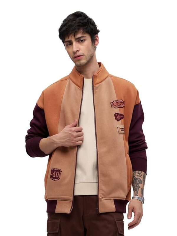 Men and Boys Long Sleeves Stand Collar Zipper Front Brown Cotton Blend Oversized Racer Jackets
