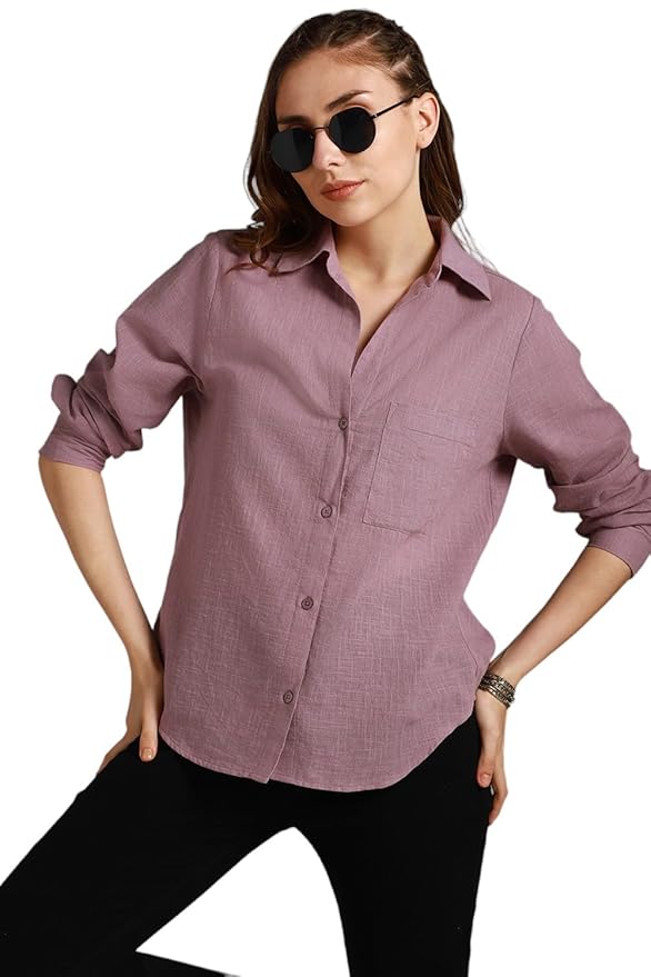 Classic Oversized Spread Collar Long Sleeves Cotton Casual Shirt(Purple)