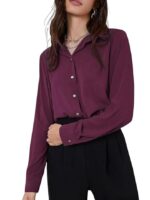 Women's Rayon Oversized Fit Crop Top Korean Style Long Sleeve Oversized Button Down(Purple)