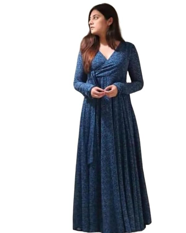 Women's Georgette Midi Dress with Floral Printed Pattern Long Sleeves Knee Length V Neck A Line Style and Regular Fit