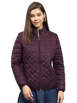 Women's Nylon Blend Regular Self Design Mock Neck Full Sleeve Jacket