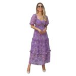 Women's Floral Puff Sleeve High Waist A Line Flowy Long Dress(Purple)
