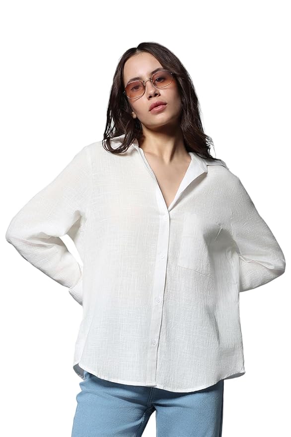 Classic Oversized Spread Collar Long Sleeves Cotton Casual Shirt(White)