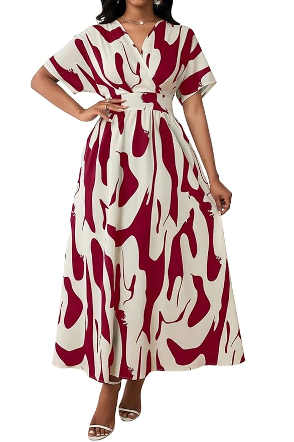 Printed Maxi Dress for Women | Trendy Long One Piece Summer Outfit | Lightweight Flared Dress for Casual(Wine)