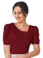 Women's Polyester Slim Fit Puff/Balloon Bishop Sleeve Elegant Casual Tee Top(Maroon)