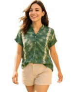Women Green Handcrafted Tie-Dye Rayon Loose Fit Top | Mandarin Collar | Short Sleeves | Lightweight & Breathable Fabric