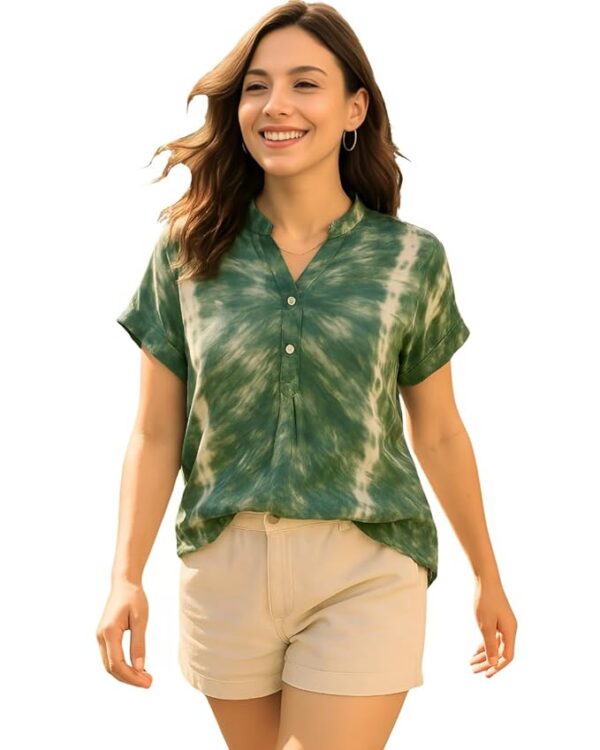 Women Green Handcrafted Tie-Dye Rayon Loose Fit Top | Mandarin Collar | Short Sleeves | Lightweight & Breathable Fabric