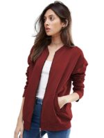 Women's Standard Length Casual Jacket For Loose Fit Drop Shoulder Loop knit Bomber Jacket With Zipper Closure And Side Pockets( Maroon)