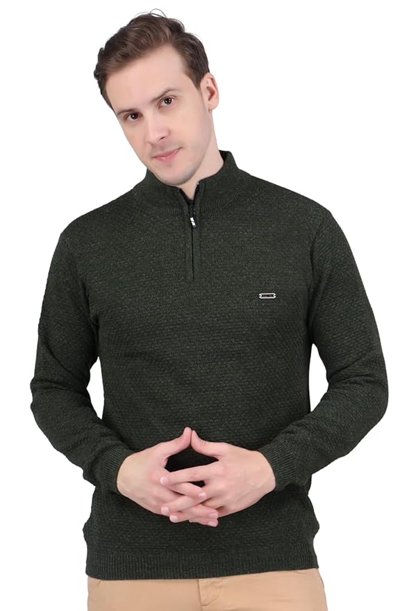 Men's Full Sleeve Self-Design High Neck Sweater with Half Zipper(Olive)