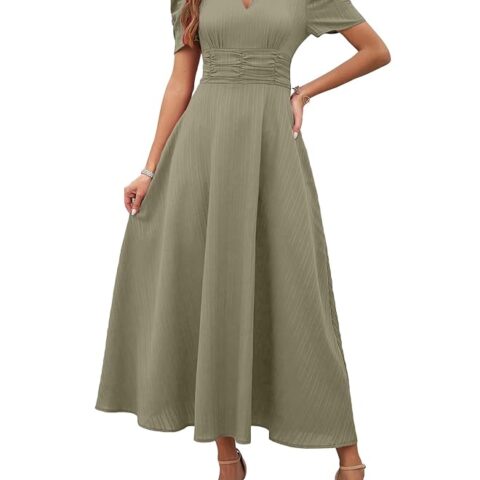 Women's Solid Color V-Neck A-Line Maxi Dress for Women | New Year Party Outfit | Waist Cinched Puff Sleeve Western Dress