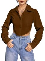 Women's Rayon Oversized Fit Printed Casual Crop Top | Long Sleeve Stylish Collared |Korean Oversized Button-Down(Brown)