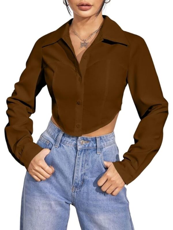 Women's Rayon Oversized Fit Printed Casual Crop Top | Long Sleeve Stylish Collared |Korean Oversized Button-Down(Brown)