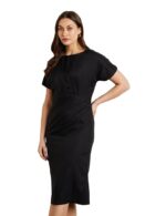 Women's Fitted Draped Black Dress (Midi Length)