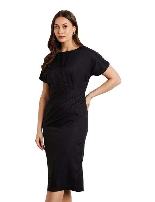 Women's Fitted Draped Black Dress (Midi Length)