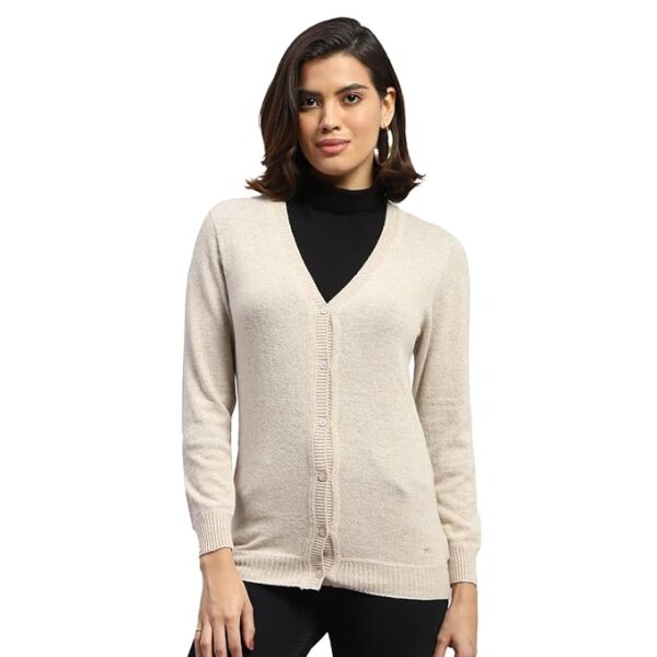 Women's Regular Fit Cardigan | Solid Pattern with Button Closure | Full Sleeve V-Neck Cardigan for Women(Cream)