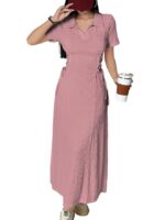 Women’s Solid Color Applique Lace-Up Collared Short Sleeve, Side-Tie Waist Long Casual Maxi Women Dress Outfit