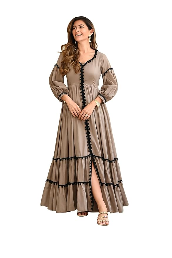 Elegant Rayon Tiered Maxi Dress, Taupe-Grey with Black Pom-Pom Lace, V-Neck, Full Puff Sleeves, Ankle Length, Casual