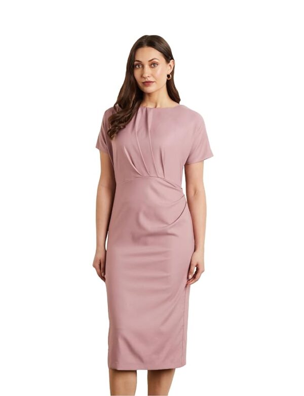 Women's Fitted Draped Pink Dress (Midi Length)