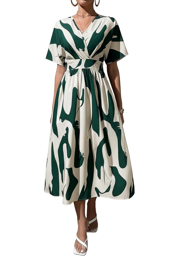 Printed Maxi Dress for Women | Trendy Long One Piece Summer Outfit | Lightweight Flared Dress for Casual(Green)